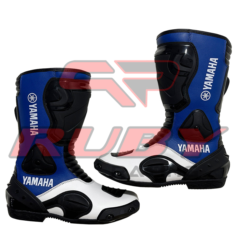 Yamaha Blue and white motorcycle racing boots with advanced ankle guards and stretch leather panels for precise riding control.