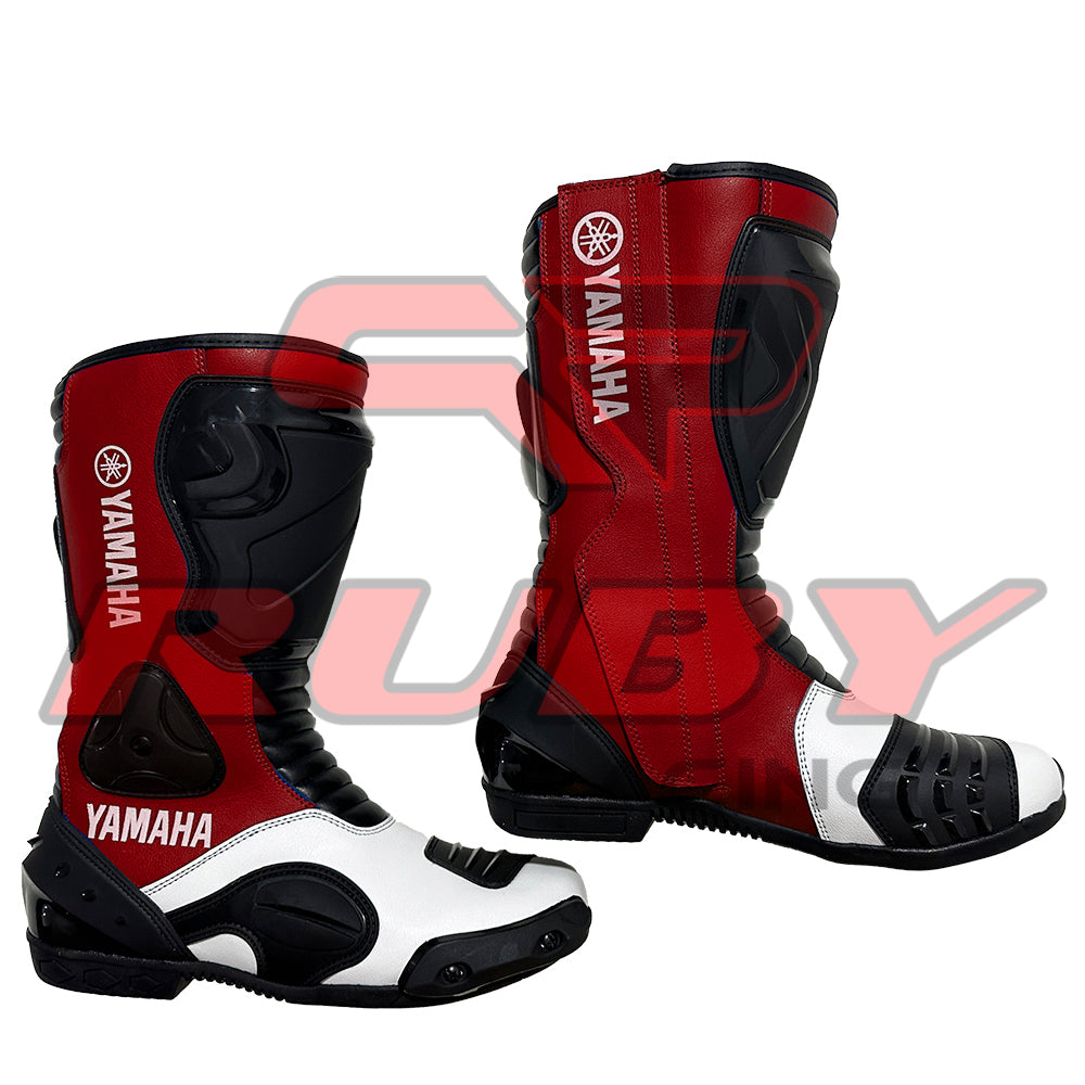 High-performance Yamaha red racing boots featuring durable leather build, aerodynamic padding, and secure steel toe for advanced rider protection.