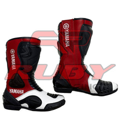 High-performance Yamaha red racing boots featuring durable leather build, aerodynamic padding, and secure steel toe for advanced rider protection.