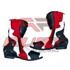 Close look at Yamaha motorcycle boots with high-quality stitching and advanced protection for racers.