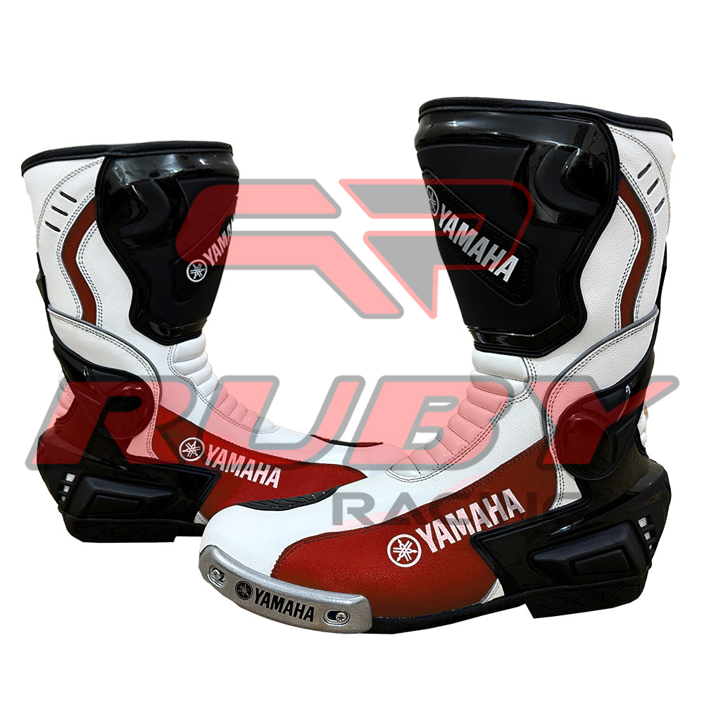 Yamaha track-style riding boots with aerodynamic profile and sporty red-white contrast design for speed lovers.