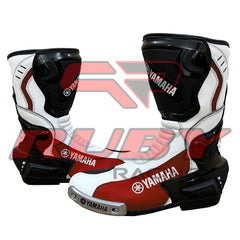 Yamaha track-style riding boots with aerodynamic profile and sporty red-white contrast design for speed lovers.